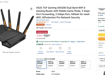 Amazon: ASUS TUF Gaming AX4200 Dual Band WiFi 6 Gaming Router – Was: $349.00, now $165.00